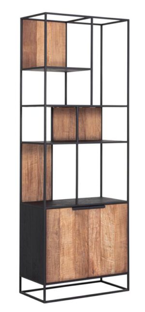 TV Wall Element Bookcase Cosmo, 2 Doors, Open Racks,220x80x40 Cm, Recycled Teakwood